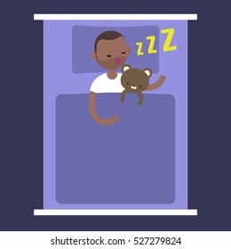Top view: Young black man sleeping with his teddy bear in bed / editable flat vector illustration
