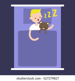 Top view: Young blond boy sleeping with his teddy bear in bed / editable flat vector illustration