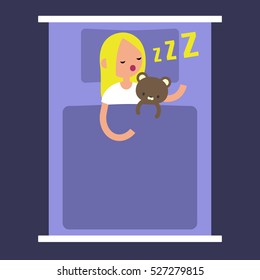 Top view: Young blond girl sleeping with her teddy bear in bed / editable flat vector illustration