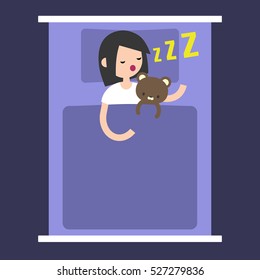 Top view: Young girl sleeping with her teddy bear in bed / editable flat vector illustration