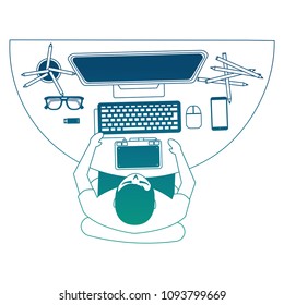 top view young man designer working computer tools at desk