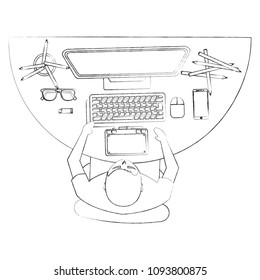 top view young man designer working computer tools at desk