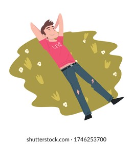 Top View of Young Man Lying on Green Grass Outdoors Cartoon Style Vector Illustration on White Background