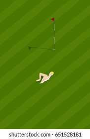 Top view  of young man swimming laps in a golf course.