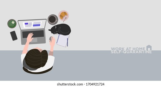 Top view of young man working at home in quarantine situation with laptop and cat for safety from corona virus. Social distancing concept. Work from home far from virus.Vector flat style illustration.