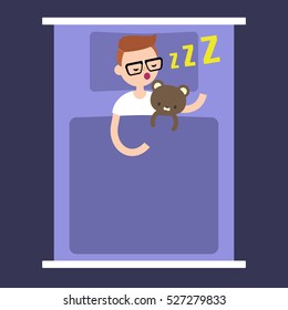Top view: Young nerd sleeping with his teddy bear in bed / editable flat vector illustration