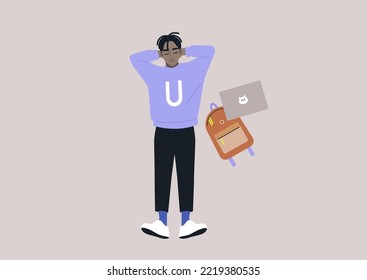 A top view of a young resting African student lying on a floor with hands behind their head