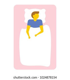 Top view of young sleeping man in bed, flat vector icon 