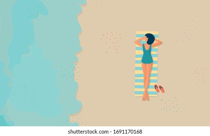 Top View of Young Woman in Bikini Lying on Belly on the Beach Towel. Summer Vacation, Traveling, Relaxing Attractive Girl on Sea Side, Ocean Coast Cartoon Flat Vector Illustration