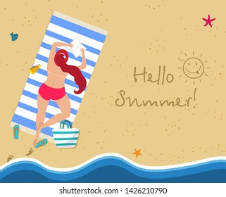 Top View of Young Woman in Red Topless Bikini on Beach Towel, Holiday, Vacation resort, Hello Summer Typography, Flip Flops, Footprint, Girl on Sea Side. Cartoon Flat  Vector Illustration, Banner.
