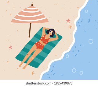 Top view of young woman relaxing and sunbathing in bikini on sandy beach at seaside in summer. Female character in sunglasses lying under umbrella at sea resort. Flat textured vector illustration