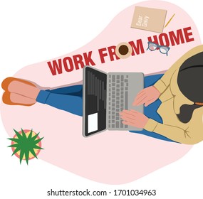 Top view of young woman sitting on floor with laptop. Freelance or studying. Cute Girl illustration in flat style, Work from Home. Drinking coffee while typing and coding.