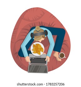 Top View Of Young Woman Is Sitting In Headphones And With Laptop On Pink Bean Bag Chair. Snack Coffee With Croissants To Music. Flat Cartoon Vector Illustration. Isolated Object On White Background