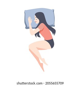 Top view of young woman sleeping pose on side on pillow in cozy bed. Night posture for comfortable rest during slumber. Vector flat isolated illustration