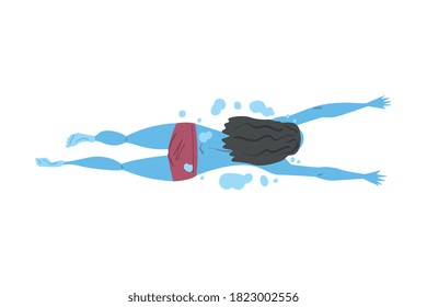 Top View of Young Woman in Swimming Pool, Girl in Swimsuit Performing Water Activities, Water Swim Sport Cartoon Style Vector Illustration