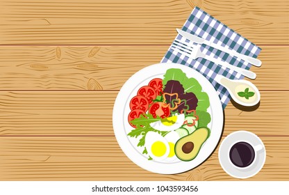 Top viewed table set of healthy food or salad on wooden surface background in flat design style.