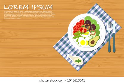 Top viewed table set of  salad or healthy food on wooden surface background in flat design style.