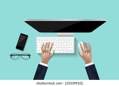 Top view/Overhead of businesswoman working on personal computer in office., Vector, Illustration design.