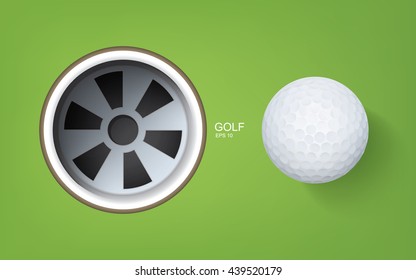 Top Views Of Golf Hole And Golf Ball On Green Background.