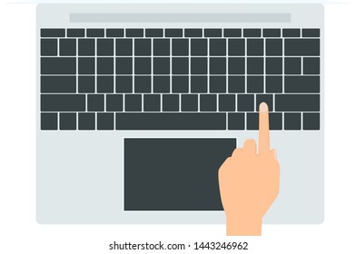 Top views laptop with keybord and hand. Isolated flat notebook with empty screen.