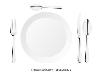 Top views place setting with empty dish fork spoon and knife isolated on white background.