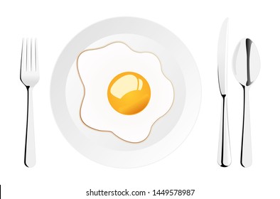 Top views spoon, fork, knife and fried egg on a plate isolated on a white background.