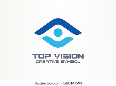 Top vision, man eye creative symbol concept. Protect people, security, care abstract business logo idea. Growth, progress, arrow up icon. Corporate identity logotype, company graphic design tamplate