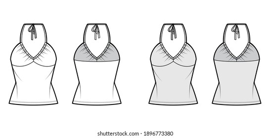 Top V-neck halter tank technical fashion illustration with empire seam, thin tieback, slim fit, bow, tunic length. Flat outwear template front, back, white, grey color. Women men unisex CAD mockup