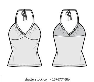 Top V-neck halter tank technical fashion illustration with empire seam, thin tieback, slim fit, bow, tunic length. Flat outwear template front, back, grey color. Women men unisex CAD mockup