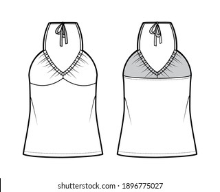 Top V-neck halter tank technical fashion illustration with empire seam, thin tieback, oversized, bow, tunic length. Flat outwear template front, back, white color. Women men unisex CAD mockup