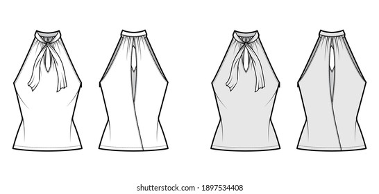 Top V-neck halter tank technical fashion illustration with tie, wrap, slim fit, bow, tunic length. Flat outwear template front, back, white, grey color. Women men unisex CAD mockup