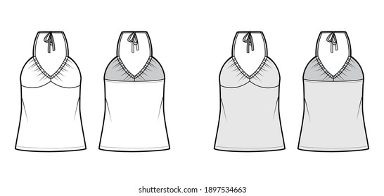 Top V-neck halter tank technical fashion illustration with empire seam, thin tieback, oversized, bow, tunic length. Flat outwear template front, back, white, grey color. Women men unisex CAD mockup