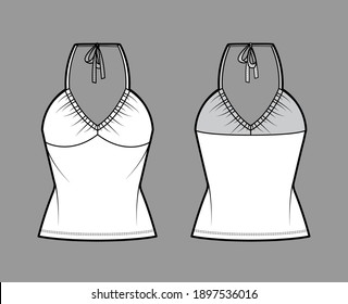 Top V-neck halter tank technical fashion illustration with empire seam, thin tieback, slim fit, bow, tunic length. Flat outwear template front, back, white color. Women men unisex CAD mockup