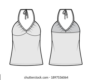 Top V-neck halter tank technical fashion illustration with empire seam, thin tieback, oversized, bow, tunic length. Flat outwear template front, back, grey color. Women men unisex CAD mockup