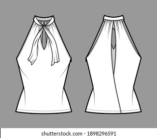 Ilustración técnica del depósito de halter de cuello V superior con corbata, envoltura, ajuste delgado, arco, longitud de la túnica. Plantilla de ropa de cama plana delantera, trasera, color blanco. Hombres mujeres unisex maquillaje CAD