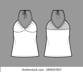 Top V-neck halter tank technical fashion illustration with empire seam, thin tieback, oversized, bow, tunic length. Flat outwear template front, back, white color. Women men unisex CAD mockup