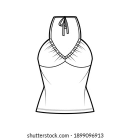 Top V-neck halter tank technical fashion illustration with empire seam, thin tieback, slim fit, bow, tunic length. Flat outwear template front, white color. Women men unisex CAD mockup