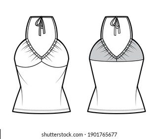 Top V-neck halter tank technical fashion illustration with empire seam, thin tieback, slim fit, bow, tunic length. Flat outwear template front, back, white color. Women men unisex CAD mockup