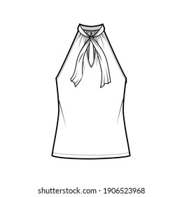 Top V-neck halter tank technical fashion illustration with tie, wrap, oversized, bow, tunic length. Flat outwear template front, white color. Women men unisex CAD mockup