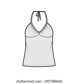 Top V-neck halter tank technical fashion illustration with empire seam, thin tieback, oversized, bow, tunic length. Flat outwear template front, grey color. Women men unisex CAD mockup