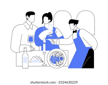 Ilustraciones vectoriales de dibujos animados aislados de camarero superior. Fine restaurante camarero encendiendo velas, sector de servicio profesional, industria horeca, personas comiendo comida sabrosa Vector de dibujos animados.