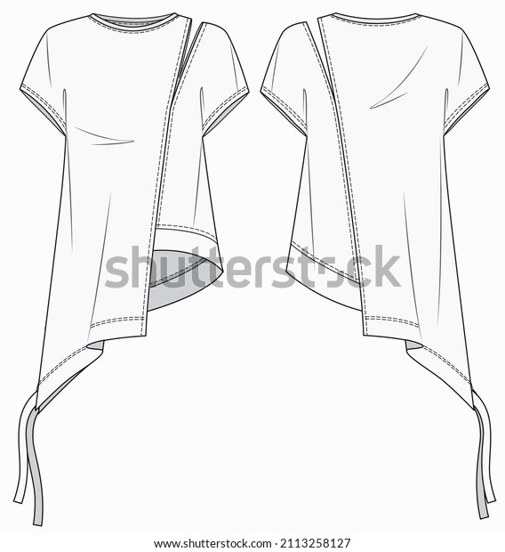 Top for women fashion flat sketch template.\
Women  t-shirt fashion flat sketch template. Girls tunic lengthtee\
technical fashion\
illustration.