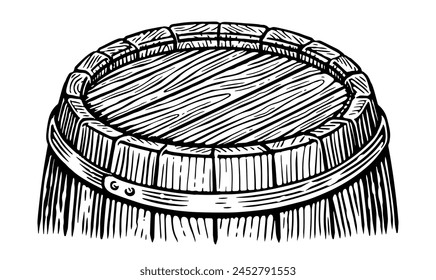 Top of wooden barrel sketch. Hand drawn oak cask vintage engraving style. Black and white vector illustration