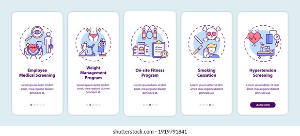Top workplace wellness programs onboarding mobile app page screen with concepts. Medical screening, fitness walkthrough 5 steps graphic instructions. UI vector template with RGB color illustrations