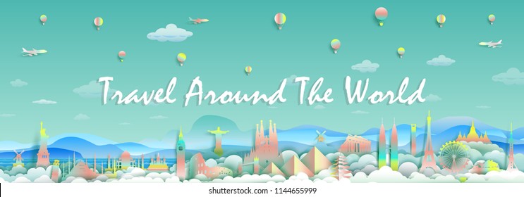 Top of the world famous countries to France, England,Spain, Italy, Egypt, America, Europe and Asia with paper cut and  gradient style for travel poster and postcard, Travel around the world landmarks