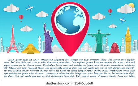 Top world famous landmark. Airplane aerial with check in point travel concept Design Invitation Template world map on blue Background Design, Card for greeting Poster, banner, paper art,