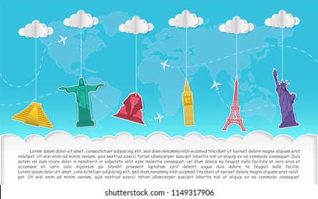 Top world famous landmark. Airplane aerial with check in point travel concept Design Invitation Template world map on blue Background Design, Card for greeting Poster, banner, paper art,