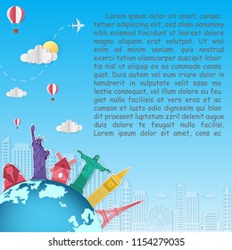 Top world famous landmark. Airplane aerial with check in point travel concept Design Invitation Template world map on blue Background Design, Card for greeting Poster, banner, paper art,