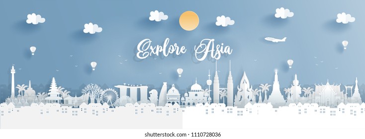 Top World Famous Landmark Of Asia For Travel Poster And Postcard, Thailand, Malaysia, Singapore And Indonesia  In Paper Origami Style Vector Illustration.