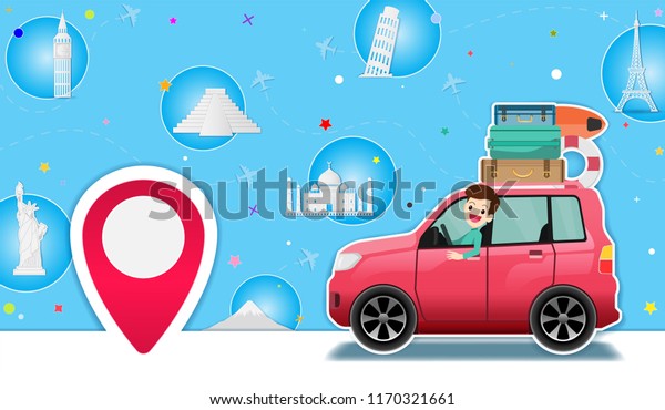 Top world famous landmark. car and Airplane\
aerial with  check in point travel around the world concept on\
Background Design. blank space for text and content paper art,\
vector, banner, Card,\
Poster,